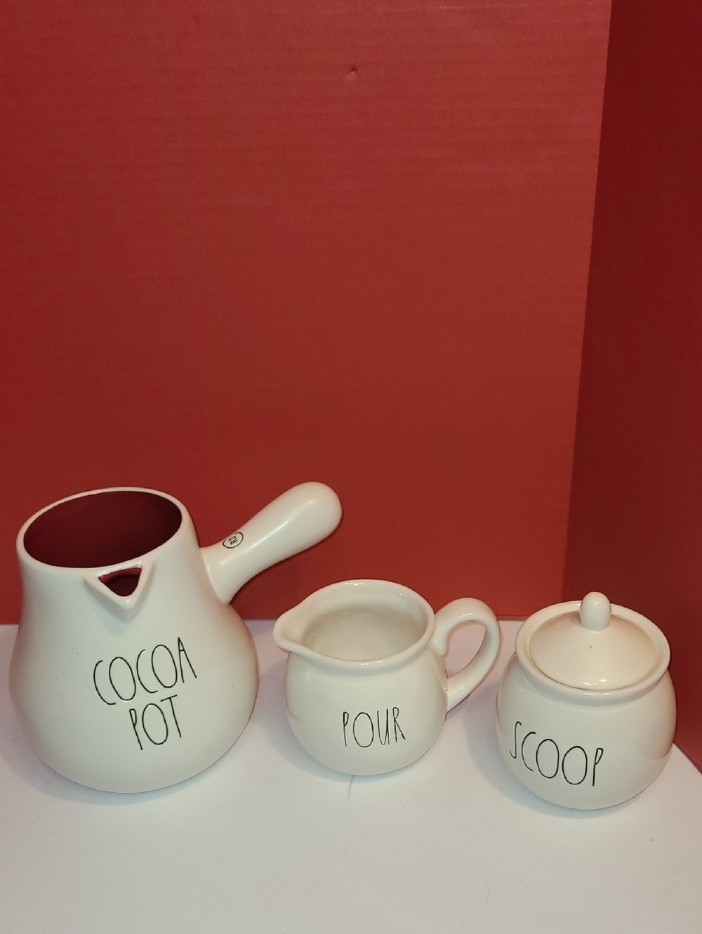RAE DUNN COLLECTION White Ceramic Cocoa Pot, Pour & Scoop Set
